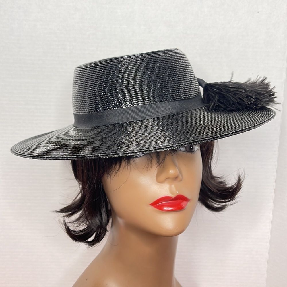 Vintage 60s Black Straw Hat with Feather Plume - Picture 4 of 15